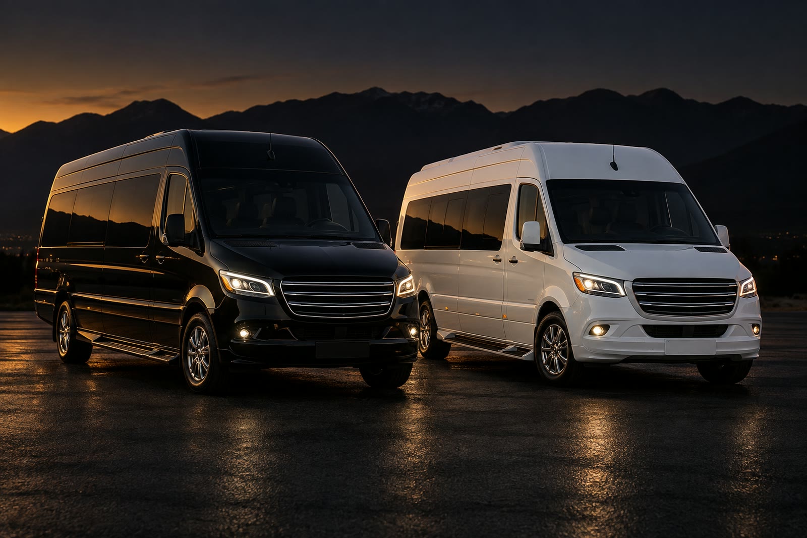 Два мікроавтобуси Mercedes-Benz Sprinter — чорний і білий — на нічній стоянці